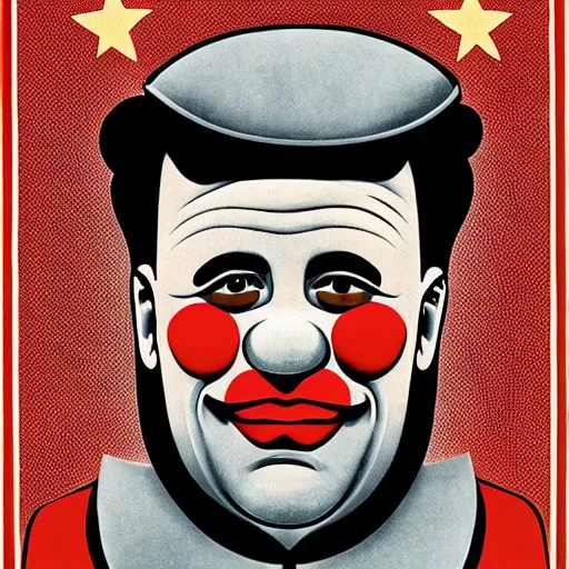 Prompt: communist clown portrait, soviet propaganda style, poster, putin