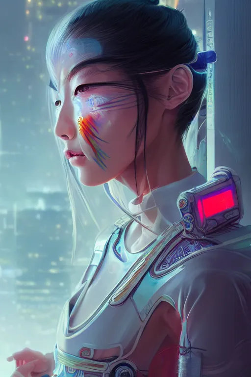 Image similar to portrait futuristic Samurai Girl, in future cyberpunk tokyo rooftop , ssci-fi, fantasy, intricate, very very beautiful, elegant, human anatomy, neon light, highly detailed, digital painting, artstation, concept art, smooth, sharp focus, illustration, art by tian zi and WLOP and alphonse mucha