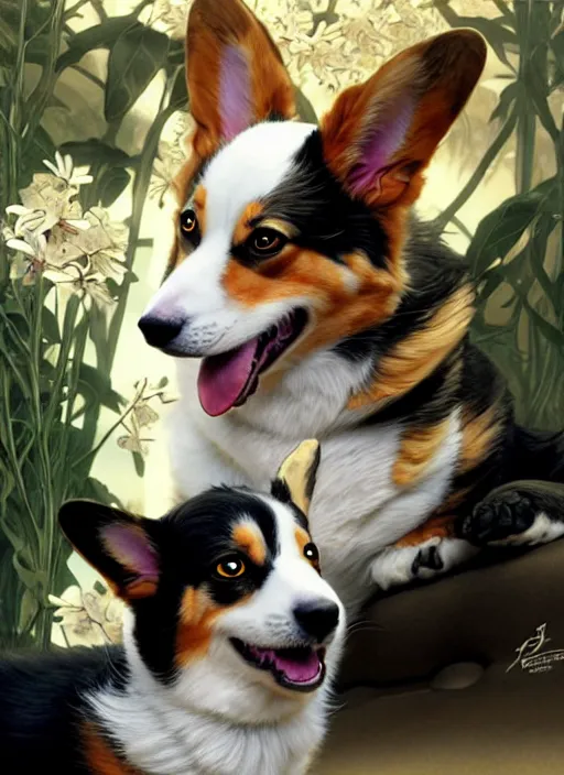 Prompt: ein the corgi playing with a tuxedo cat, fantasy, intricate, elegant, hyper detailed, ultra definition, photoreal, artstation, unreal engine rendered, concept art, smooth, sharp focus, illustration, art by artgerm and greg rutkowski and alphonse mucha and garis edelweiss