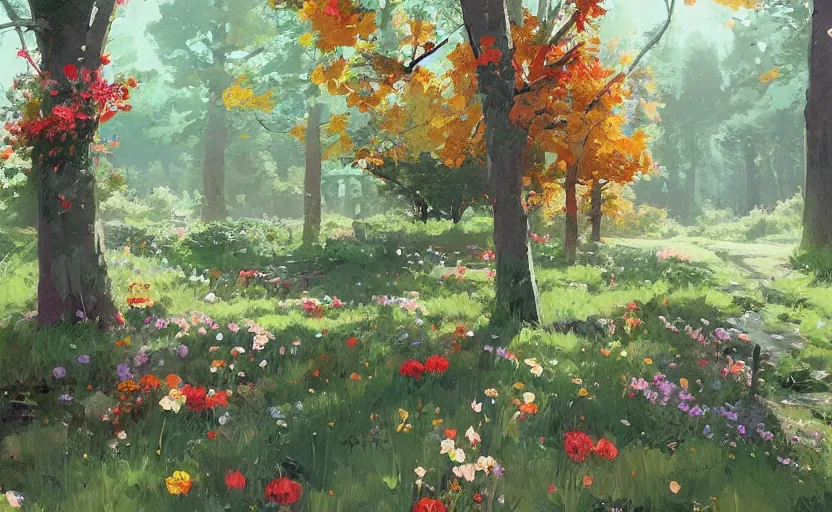 Prompt: cute cozy floral forest game by atey ghailan and michael garmash, plein air