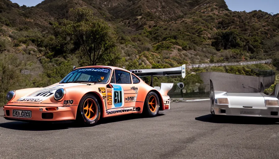 Image similar to photograph, PORSCHE RSR, IROC, by Pete Biro, Peter Singhof, press release, cinematic, malibu canyon, 8k, depth of field, bokeh. rule of thirds, copper accents