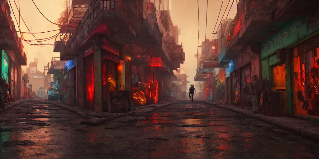 Prompt: titled view action shot of a postapocalyptic futuristic small mexican town cobbled street, blade runner 2 0 4 9 guanajuato alleys, futuristic colonial city architecture, mexican dia de muertos decorations, crowded, environmental lighting, stromy weather, ray tracing, amazing view, highly detailed, neon shops, octane render, unreal engine 5, 4 k