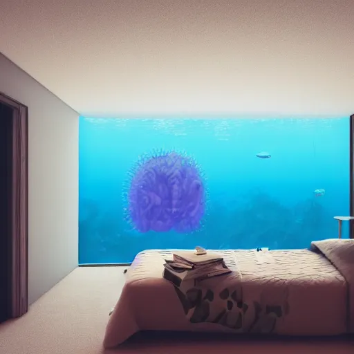 Prompt: photo of the modern room as aquarium with a big jellyfish and corals, realistic colors, realistic shadows, daylight made in blender, 3 d by beeple