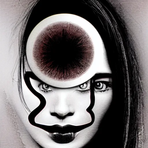 Image similar to The illustration is an abstract portrait of a woman. The woman's face is divided into two halves, one half is black and the other is white. The woman's eyes are large and staring. The illustration is full of energy and movement. clockpunk, macro photo by Vincent Di Fate, by Mark Ryden