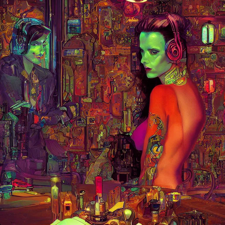 Image similar to beautiful psychedelic digital art of a beautiful cyberpunk lady in a cozy bar by Mad Dog Jones, Norman Rockwell and Ben Erdt