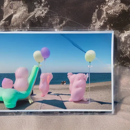 Image similar to a pastel colour high fidelity wide angle Polaroid art photo from a holiday album at a seaside with abstract inflatable parachute furniture, all objects made of transparent iridescent Perspex and metallic silver, people in masks relax, iridescence, nostalgic