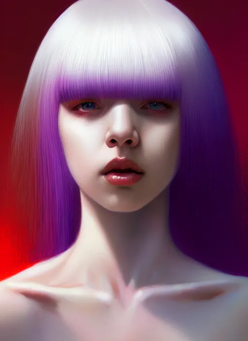 Image similar to hair whitebangs hair, black hair, whitebangs, portrait of teenage girl with white bangs, red irises, purple clothes, white bangs, bangs are different color from hair, intricate, elegant, glowing lights, highly detailed, digital painting, artstation, concept art, smooth, sharp focus, illustration, art by wlop, mars ravelo and greg rutkowski