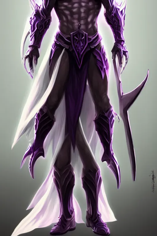 Image similar to human male demon, full body white purple cloak, hero, armor, character concept art, costume design, black eyes, white horns, trending on artstation, Artgerm , WLOP