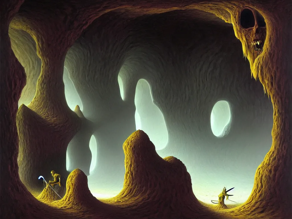 Image similar to a big mouth turns into a cave with strange bearded beings with scythes, 4 k, art by jaroslaw jasnikowski