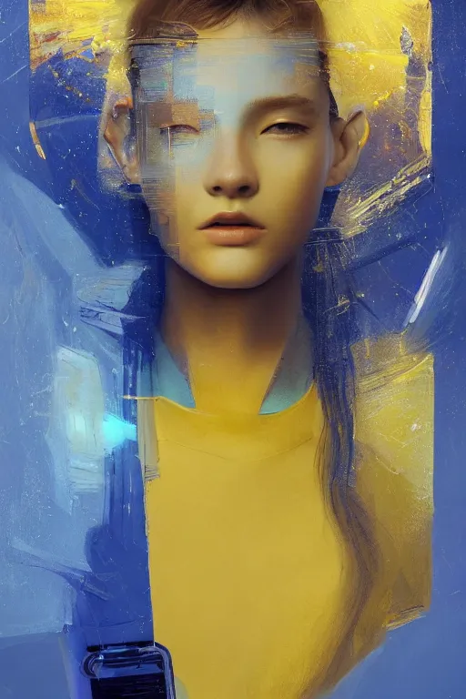 Image similar to 3 d, sci - fi, sun rays, sleepy fashion model face, blue faces, cinematic, vogue cover style, poster art, light yellow and deep blue mood, realistic painting, intricate oil painting, high detail, figurative art, multiple exposure, poster art, 3 d, by tooth wu and wlop and beeple and greg rutkowski