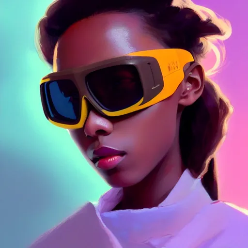 Prompt: beautiful woman wearing opaque reflective goggles profile picture by greg rutkowski, dynamic pose, brown skin, long locs hair, asymmetrical, futuristic, pastel neon colors, streetwear, studio ghibli, organic painting, matte painting, geometric shapes, hard edges, street art, trending on artstation, fantasy lut, realistic by sachin teng,