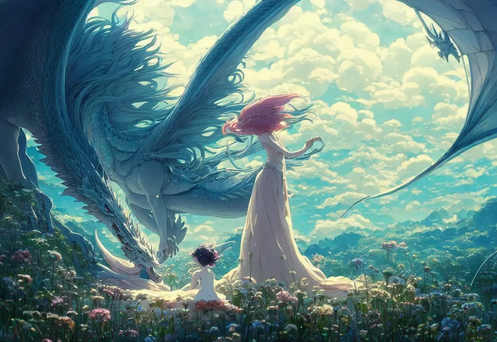 Image similar to the beautiful hyper detailed scene render that a lonely single beautiful girl lies in the arms of a huge silver dragon alone in the fairyland surrounded by white clouds, in the style of makoto shinkai victo ngai and peter mohrbacher studio ghibli artgerm karol bak beeple, cinematic, absolutely beautiful, ultra wide angle, animation style, 8 k hd