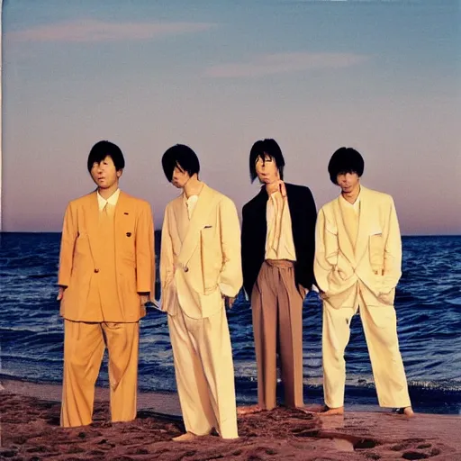 Prompt: a group of japanese men wearing beige suits standing in the ocean, sunset, ((yellow magic orchestra)), ((tatsuro yamashita)), album cover, 1981, grammy award winning