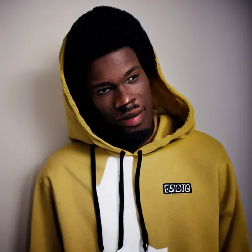 Image similar to cool black guy, wearing a golden kappa hooded sweatshirt, photo inside apartment, digital camera