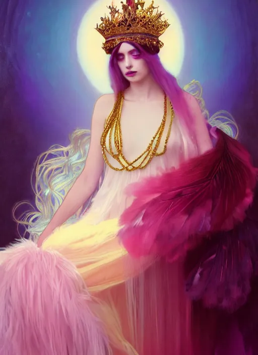 Image similar to ombre velvet gown, feathers, lovely queen, portrait, long white hair, tiara, dozens of jeweled necklaces, feral languid woman, by greg rutkowski, anato finnstark, alphonse mucha, global illumination, radiant light