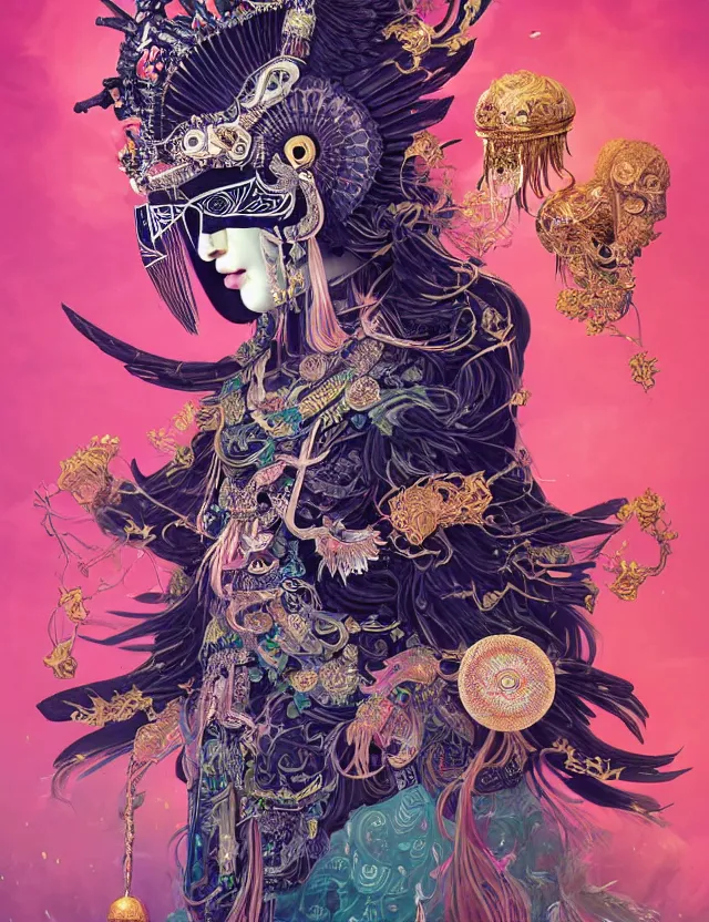 Image similar to goddess portrait with mask and crown made of ram skull. beautiful intricately detailed japanese crow kitsune mask and clasical japanese kimono. betta fish, jellyfish phoenix, bioluminescent, plasma, ice, water, wind, creature, super intricate ornaments artwork by tooth wu and wlop and beeple and greg rutkowski