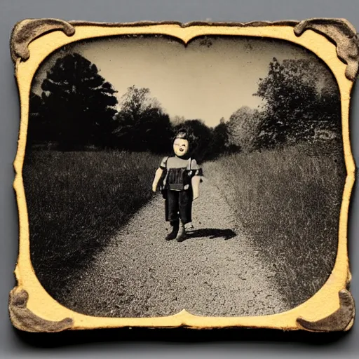 Prompt: tintype photo of the yellow brick road