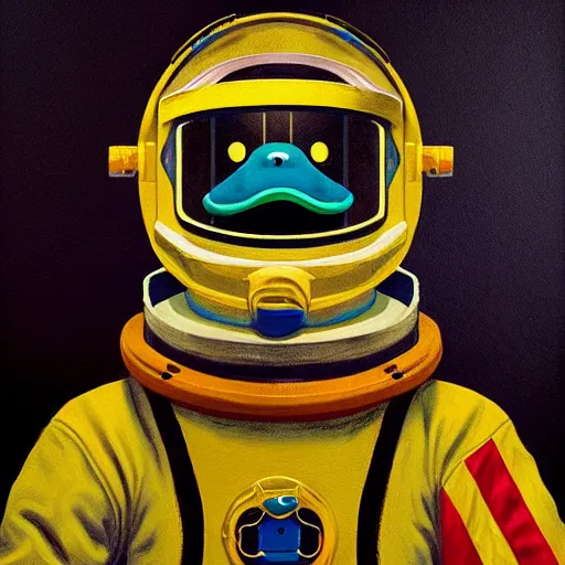 Prompt: duck astronaut, proudly posing for a portrait, heroic, painted by leesha hannigan, intricate, detailed, atmospheric lighting.