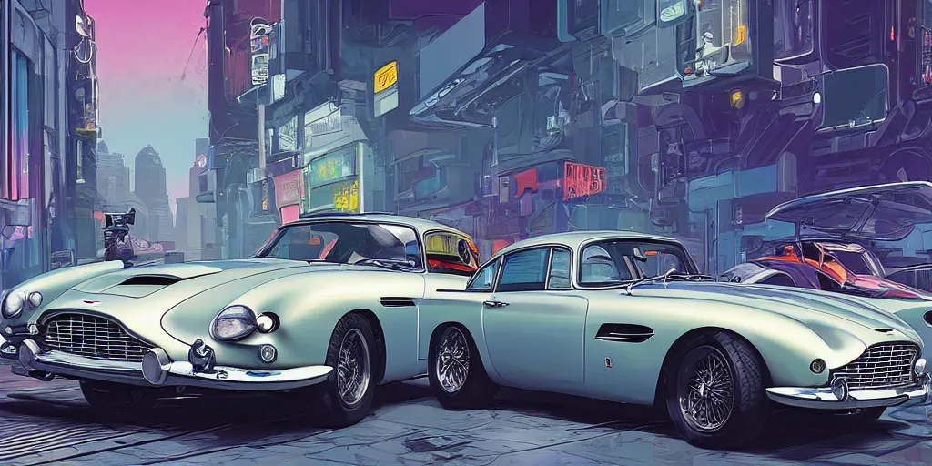 Prompt: art style by Ben Aronson and Edward Hopper and Syd Mead, wide shot view of the Cyberpunk 2077, on ground level. full view of the Aston Martin DB4 1958 with wide body kit modification and dark pearlescent holographic paint, has gullwing doors open.