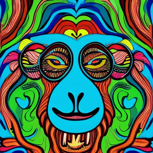 Prompt: portrait of vibrant coloured psychedelic monkey, mahogany background, detailed, 4 k, cartoon