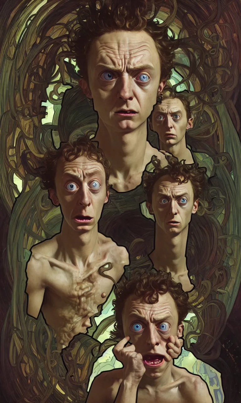 Image similar to hyper realistic grotesque portrait of an young dumb morty, from rick and morty, worried, interdimentional portal in the background, by lee bermejo, alphonse mucha and greg rutkowski