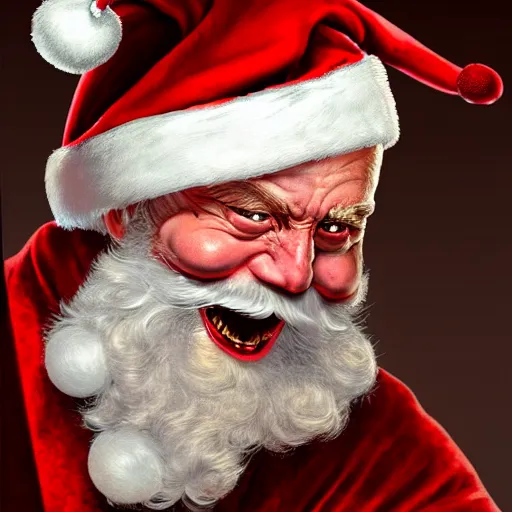Image similar to frontal upper view of evil santa claus, serious expression, cream colored clothes robe, no red in clothes, red grinning mouth, cream colored background, fine art, award winning, intricate, elegant, sharp focus, cinematic lighting, digital painting, 8 k concept art, by michael hussar and greg manchess and brom and z. w. gu, 8 k