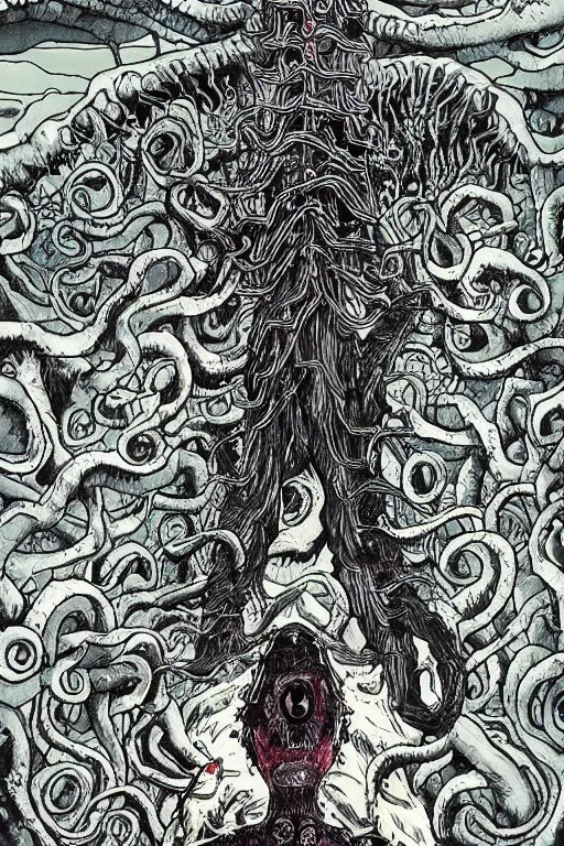 Image similar to the end of the world as we know it, junji ito illustration, lovecraftian horror, epic composition, full - color