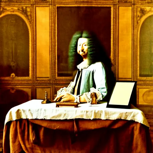 Image similar to Portrait of a mummy sitting at a Louis XIV desk, with very old curtains in the room. The desk has a very old phone on it. Dusty air