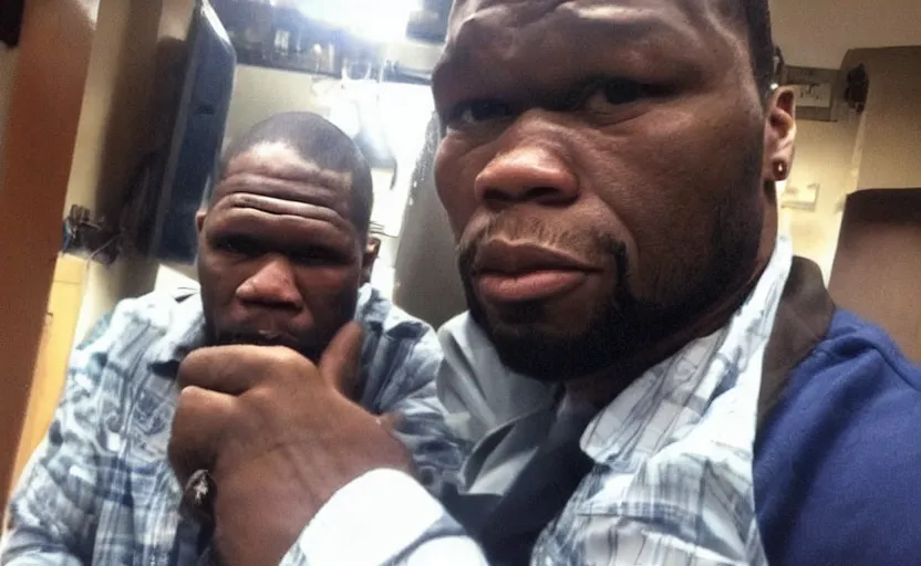 Image similar to my uncle look like 50 Cent if he was poor asf lmao, close-up, one person in frame, portrait, uncomfortable, funny, phone quality, camera flash on, viral photo, viral on instagram