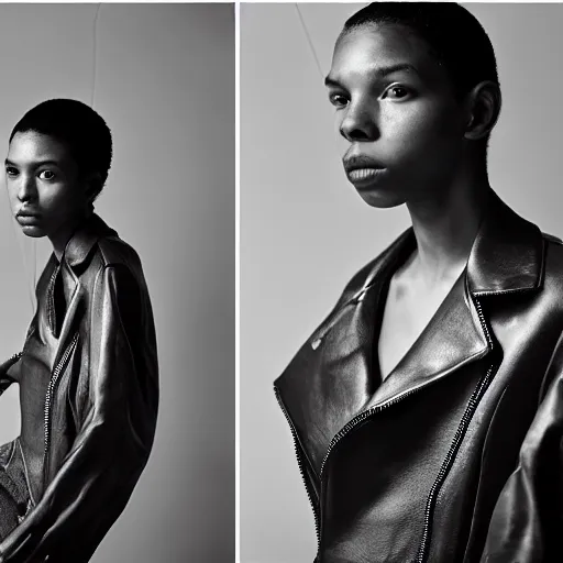 Prompt: realistic photoshooting for a new acne studio lookbook, color film photography, portrait of a beautiful woman, model wearing a leather jacket, by photo in style of tyler mitchell, 3 5 mm,