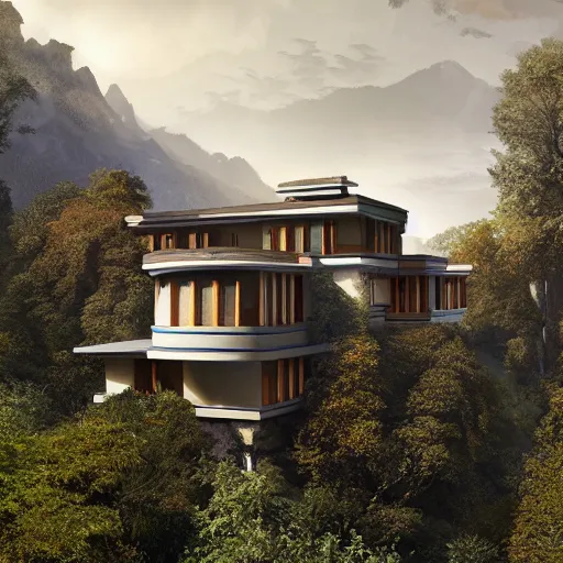 Image similar to modernist house inspired by a tibetan palace, overlooking a valley, big trees, clouds, dramatic lighting, artstation, matte painting, raphael lacoste, simon stalenhag, frank lloyd wright