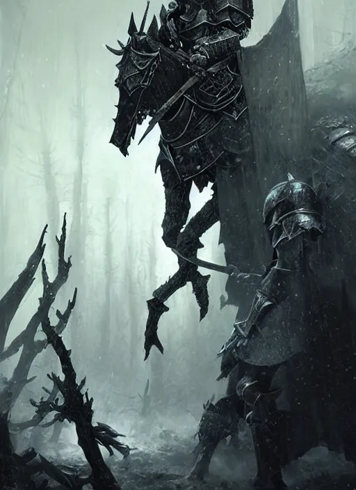 Prompt: folk horror illustration of the ancient boreal knight Vordt (armored knight of frost and death) from dark souls 3, art by greg rutkowski, art by craig mullins, art by thomas kincade, art by Yoshitaka Amano