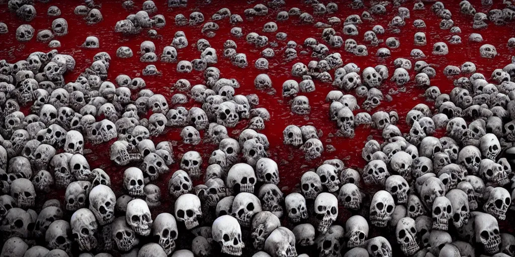 Prompt: a scary photo of a blood sea with skulls floating in it