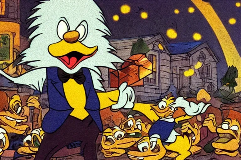 Image similar to Scrooge McDuck reacting to the Bitcoin crash, 8k, real photo, night scene, terrible