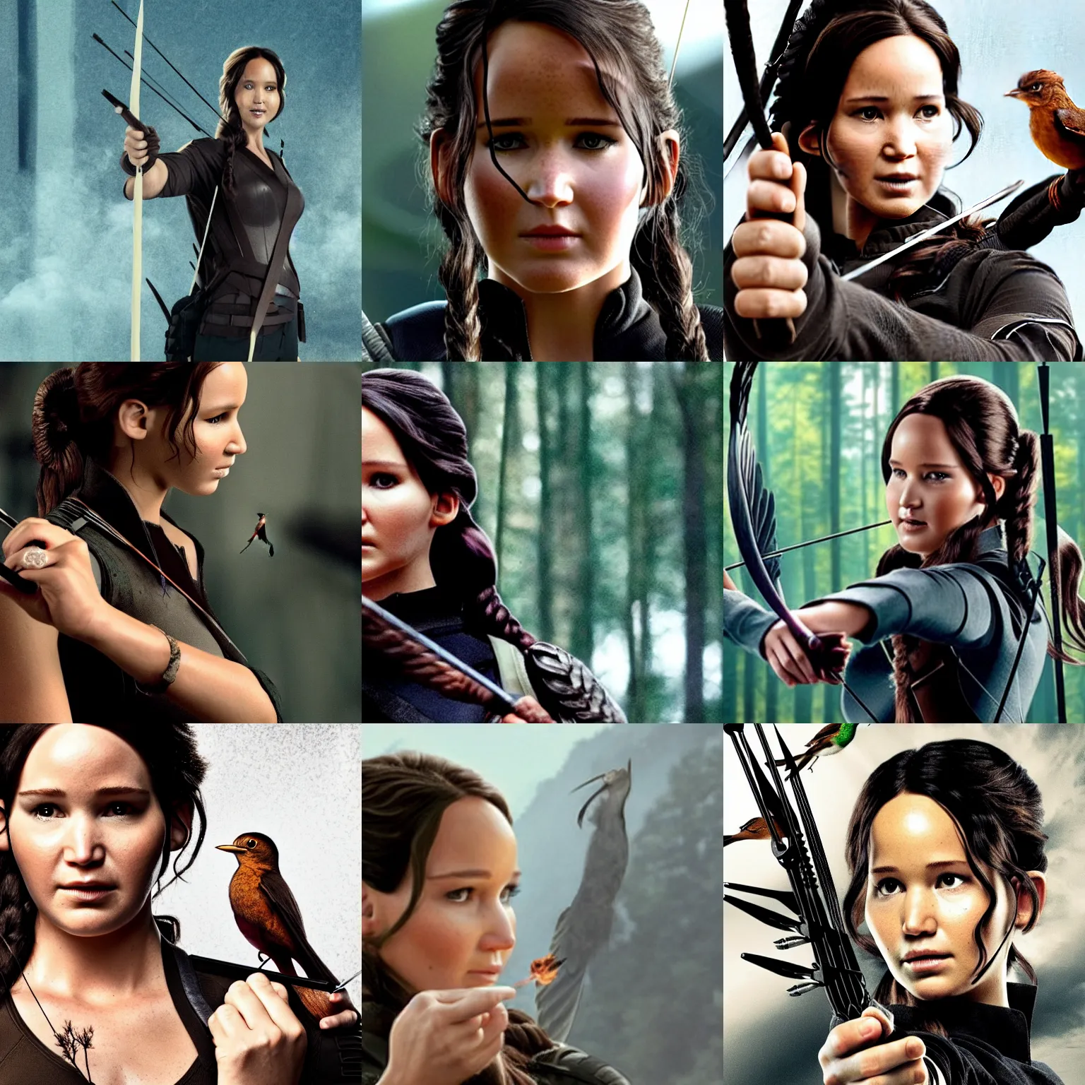 Prompt: Katniss Everdeen with a bird balancing on her finger