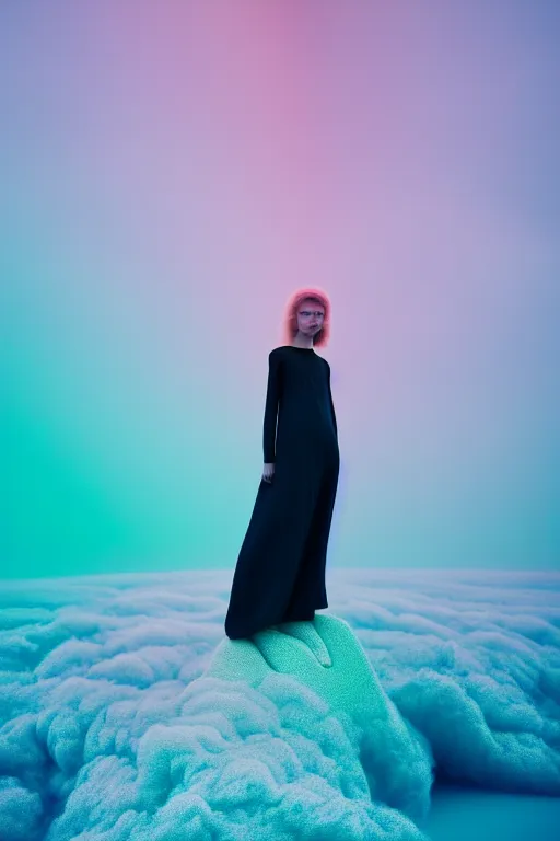 Image similar to high quality pastel coloured film close up wide angle photograph of a model wearing clothing resting on cloud furniture in a icelandic black rock!! environment in a partially haze filled dreamstate world. three point light, rainbow. photographic production. art directed. pastel colours. volumetric clouds. pastel gradient overlay. waves glitch artefacts. extreme facial clarity. 8 k. filmic.