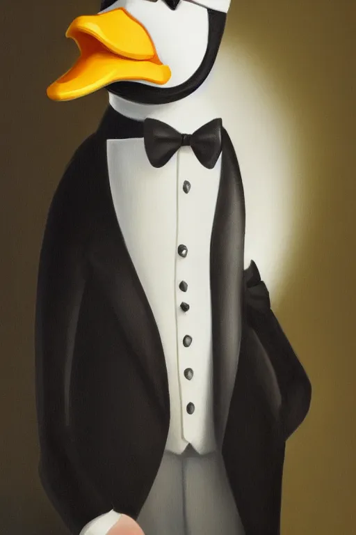 Image similar to man anthropomorphic duck wearing a white tuxedo oil on canvas full shot trending on artstation