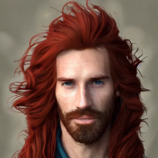 Image similar to portrait of a ruggedly handsome!!!!! male ship captain with long red hair!!!!!!, 30 years old, upper body, wavey hair, leather coat, friendly, playful, D&D, hairworks, Unreal 4, fantasy, elegant, highly detailed, digital painting, hairworks, deviantart, artstation, concept art, sharp focus, dramatic lighting, illustration, art by Artgerm and Greg Rutkowski and Alphonse Mucha