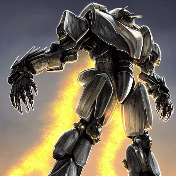 Image similar to hyper realistic, epic, highly detailed cinematic full body shot of a gigantic feral mecha canine, sharp metal claws, cannon mounted on back, sleek armor, glowing visor, destroying city, digital art, furry art, macro art, dragon art, furaffinity, deviantart, sofurry