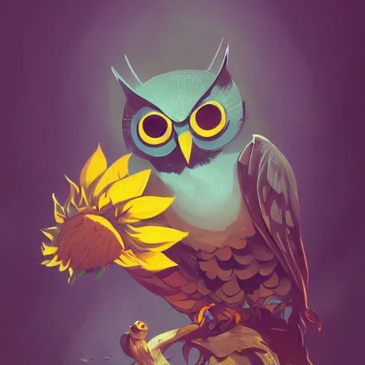 Image similar to beautiful peter mohrbacher illustration of a sunflower owl. 4k hq trending on artstation