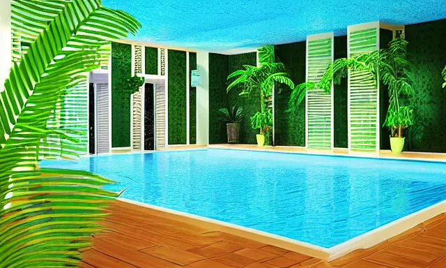 Image similar to 3d render of indoor pool with ferns and palm trees, pool tubes, chromatic abberation, depth of field, 80s photo