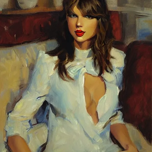 Image similar to romantic painted portrait of taylor swift by gregory manchess, james gurney, jeffrey catherine jones