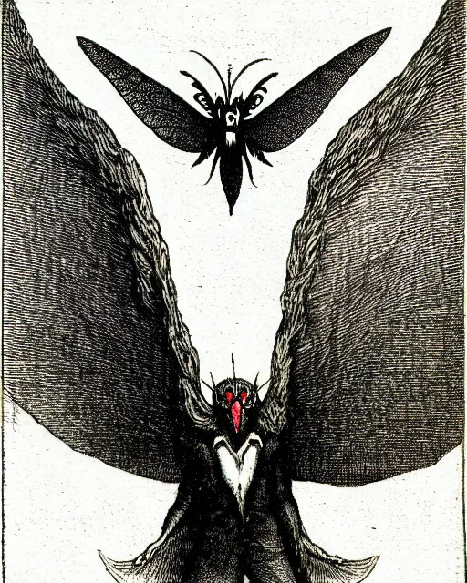 Image similar to illustration of mothman from the dictionarre infernal, etching by louis le breton, 1 8 6 9, 1 2 0 0 dpi scan