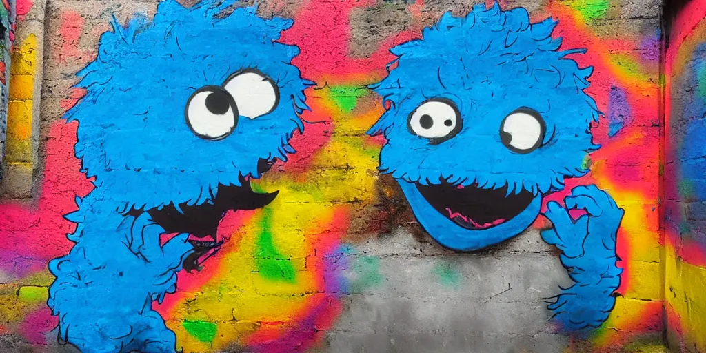 Prompt: Cookie monster with psychedelic colorful eyes, spraypainted on a wall, award-winning graffiti, 15mm wide-angle photograph