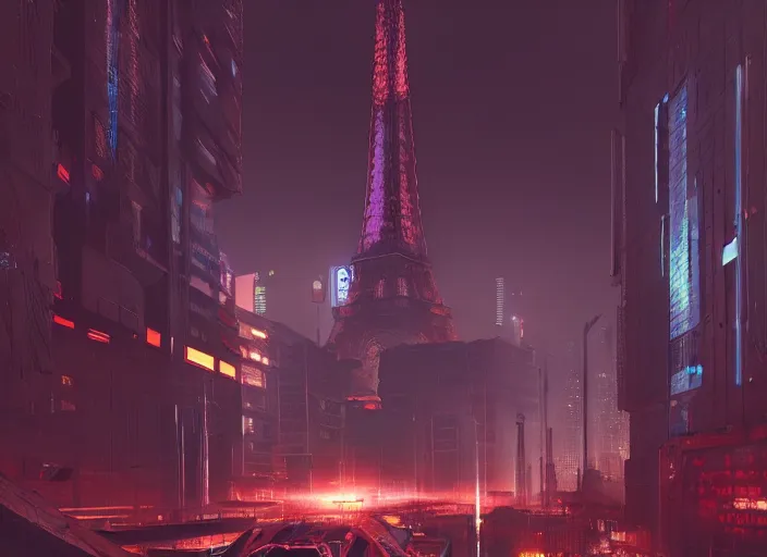 Prompt: cyberpunk scifi scene of paris at night, scifi drone, artstation, matt painting, very detailed, maximalism, ambient occlusion, volumetric light, atmospheric haze, unreal engine, hyper realism, realistic shading, cinematic composition, realistic render, octane render, detailed textures, photorealistic, wide shot