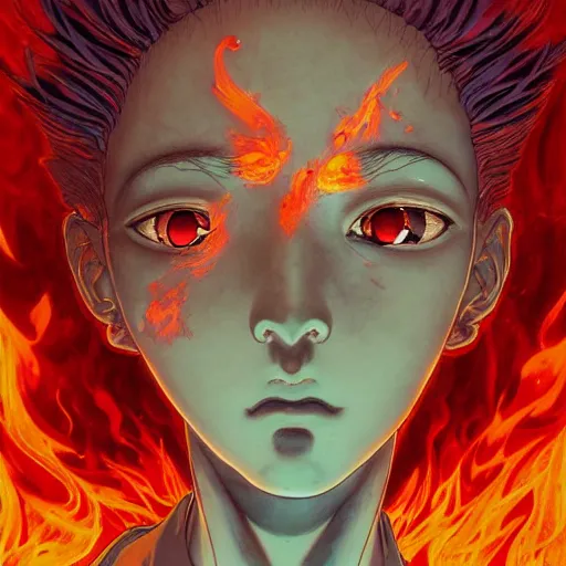 Image similar to prompt : flames portrait soft light painted by james jean and katsuhiro otomo and erik jones, inspired by evangeleon anime, smooth face feature, intricate oil painting, high detail illustration, sharp high detail, manga and anime 1 9 9 9