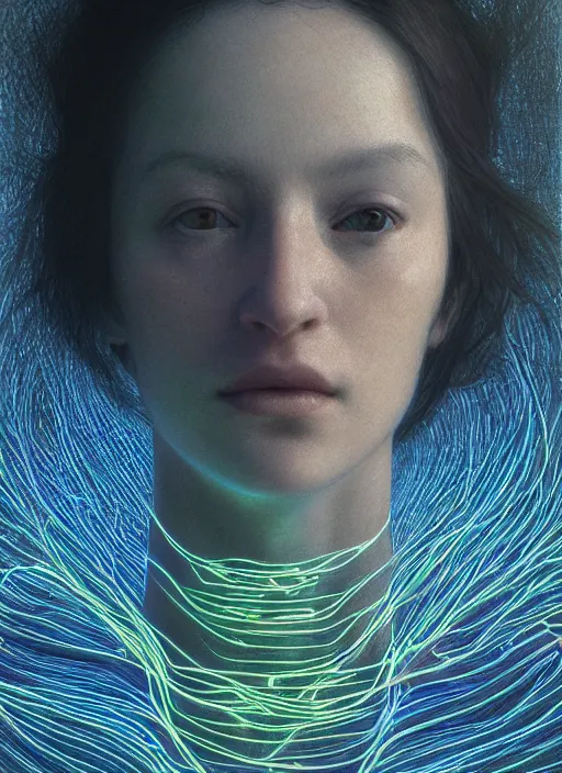 Prompt: woman, portrait close-up, neon, RGB, glowing wires everywhere, pristine, by Edgar Maxence and Ross Tran, Zdzisław Beksiński, and Michael Whelan, distant, gustav dore, H.R. Giger, 8k, octane render