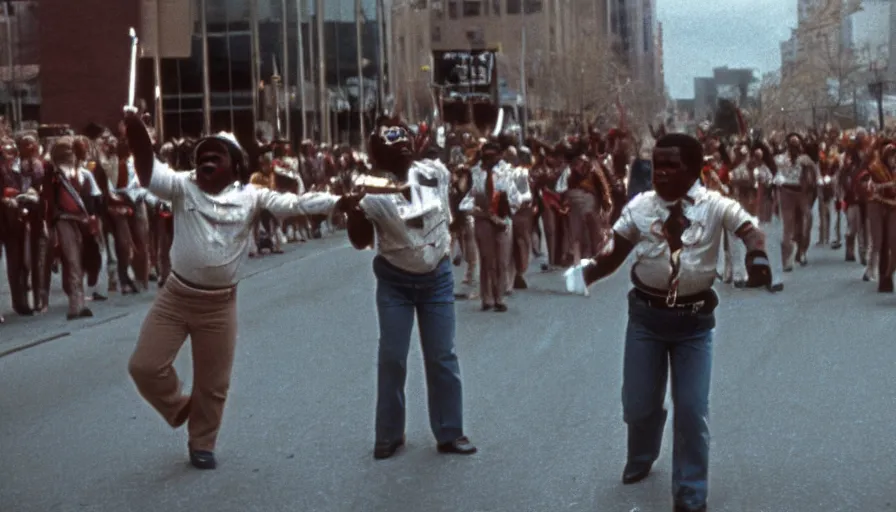 Prompt: 7 0 s film still from a horror movie of gary coleman twirling a baton while marchin in a blm parade, kodachrome, cinecolor, cinestill, film grain, film texture, retro, cinematic, high resolution, photorealism,