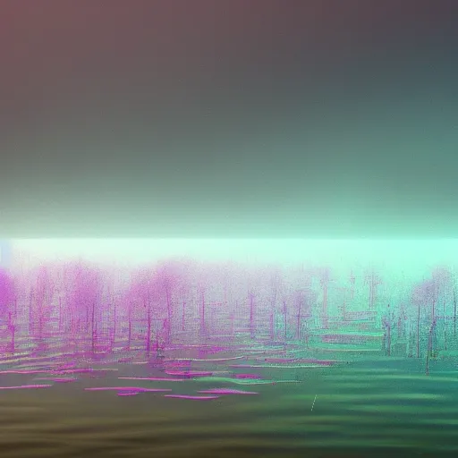 Image similar to A lake covered in purple mist. Award-winning digital art; trending on ArtStation