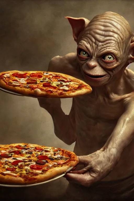 Prompt: gollum discovers pizza, oil on canvas, intricate, 8 k highly professionally detailed, hdr, cgsociety,